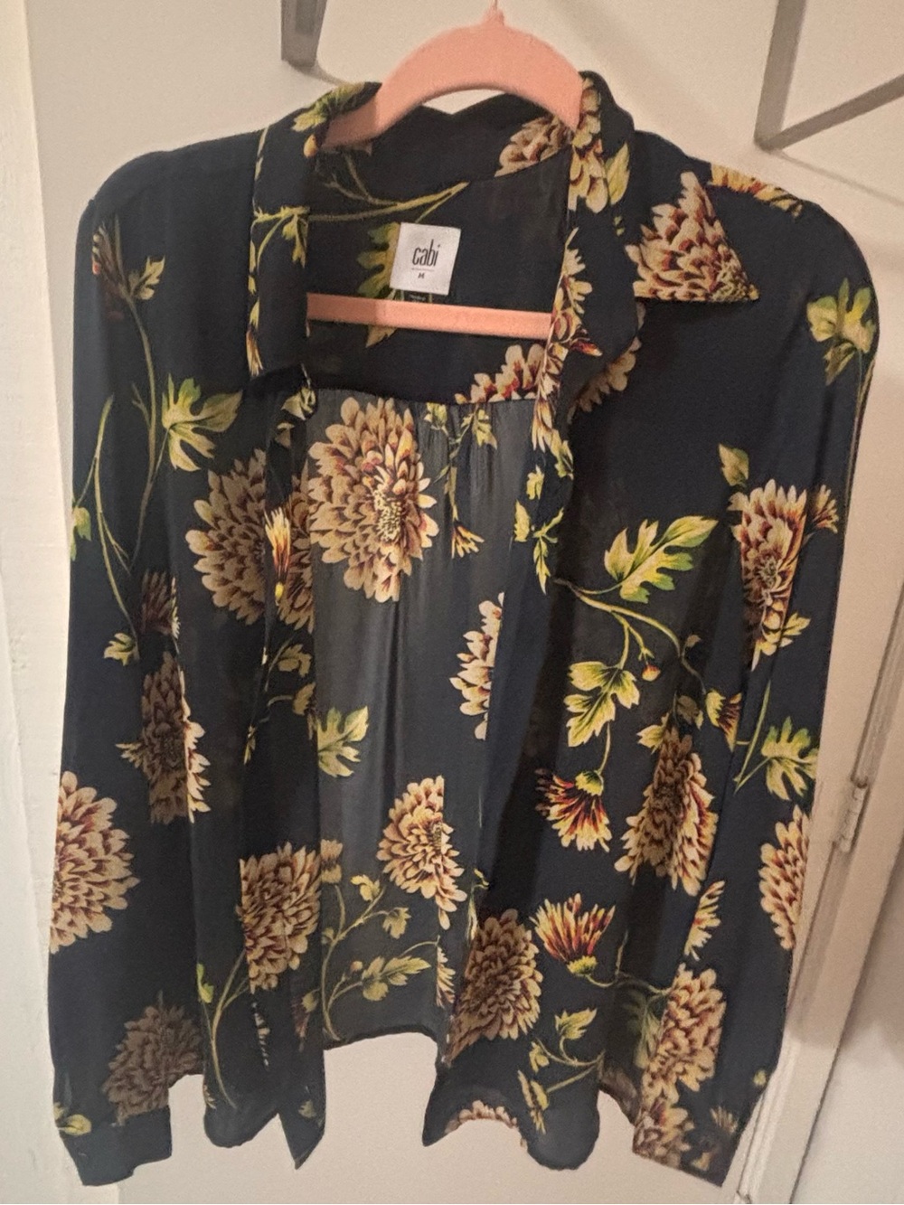 CAbi Black Sheer Floral Button-Up Blouse